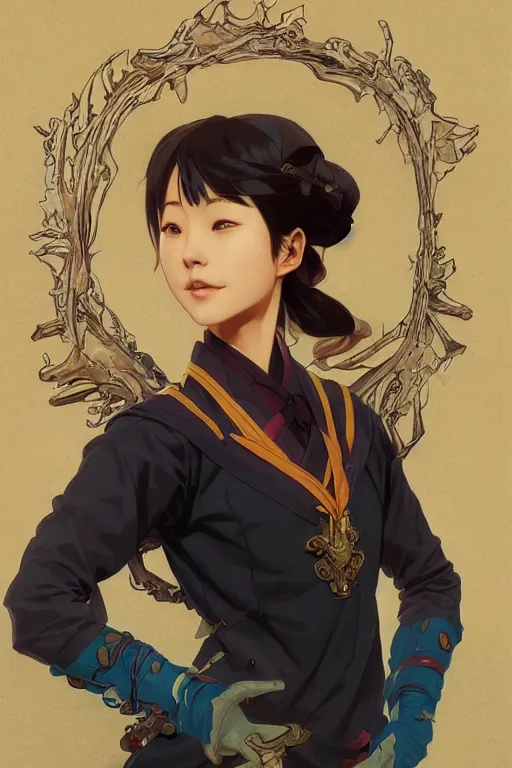 Image similar to high fantasy science-fiction character portrait of Minami Hamabe in Japanese school uniform, highly detailed, digital painting, artstation, upper body, concept art, smooth, sharp focus, illustration, art by artgerm and greg rutkowski and alphonse mucha