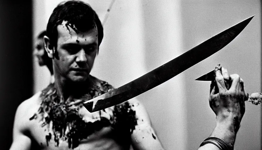 Prompt: 1 9 7 0 s movie still close - up of a man slaughtering caligula with a small dagger in a neoclassical room, cinestill 8 0 0 t 3 5 mm b & w, high quality, heavy grain, high detail, dramatic light, cinematic composition, flares, anamorphic, blood, bleeding