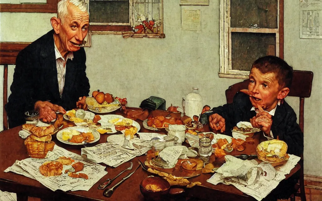 Prompt: benjamin netayahu eating breakfast in his kitchen, newspapers on the table and counter, by norman rockwell