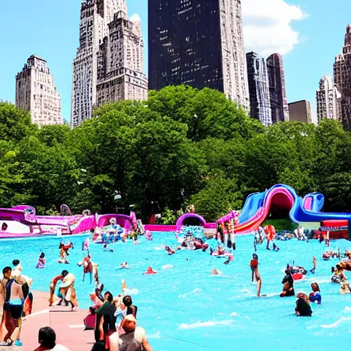 Image similar to photo of a large water park with numerous slides and water rides inside of central park. the new york city skyline is shown in the background.