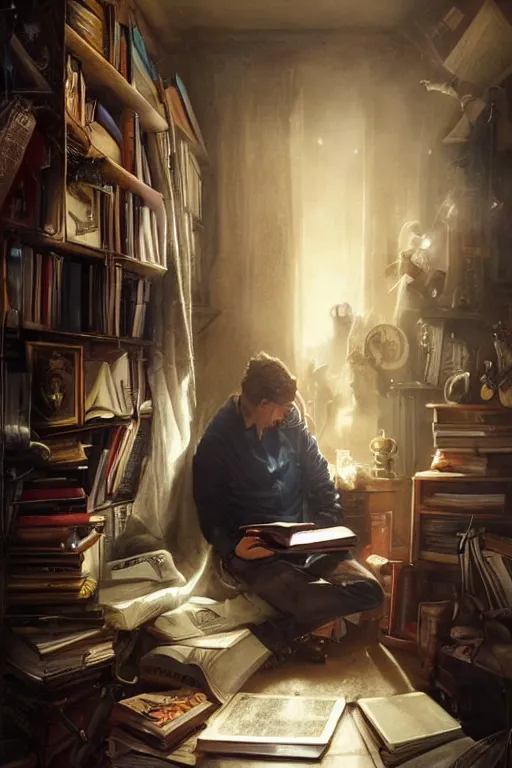 Prompt: a dramatic lighting photo of a guy reading a book in a cluttered messy 9 0 s bedroom, artgerm, tom bagshaw, gerald brom,