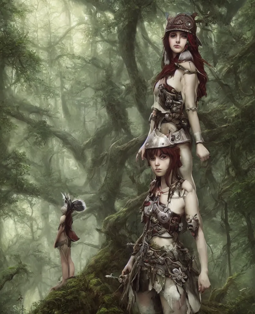 Image similar to portrait of Princess Mononoke girl, fully clothed in armor, lush forest landscape, painted by tom bagshaw, proko, artgerm, norman rockwel, james gurney, denoised, sharp, architectural