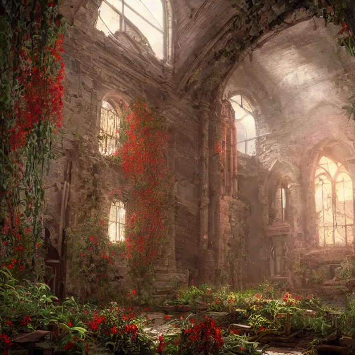 Prompt: a interior photo of a ruined church with a lot of red flowers growing inside at sunset, godrays, complementary colours, very spacious open view in unreal engine rendering, CGSociety, concept art, DeviantArt, Ferdinand Knab, beautiful, 8K,highly detailed, high quality