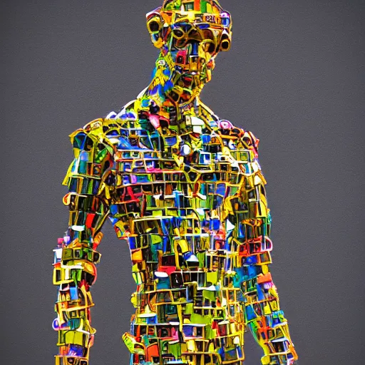 Image similar to statue of man made of many colorful welded metal pieces, 8K, digital art, award winning