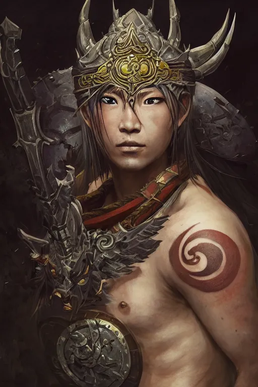 Image similar to sakimi chan, legendary warrior, heroic fighter, world of warcraft, diablo, tattoos, decorative ornaments, battle armor, by carl spitzweg, ismail inceoglu, vdragan bibin, hans thoma, greg rutkowski, alexandros pyromallis, perfect face, sharply focused, sharply detailed, centered, rule of thirds, realistic shading