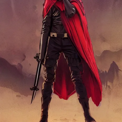 Image similar to shadow warrior holding twin swords, male villian, full body worn out torn cape, red hoodie, worn out clothes, floating spiral sand, desert, full body shot, anime style, 90's modern art, art by artgerm and greg rutkowski and alphonse mucha