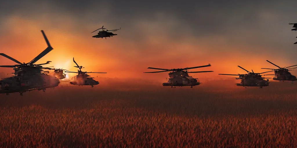 Prompt: Painting of vietnam Huey Helicopters, above a forest, orange sun set, abstract, realism, high details, glow, far, distance, over the horizon, drawn, 8k, octane render, extreme details, uniform, in sync, 3D model