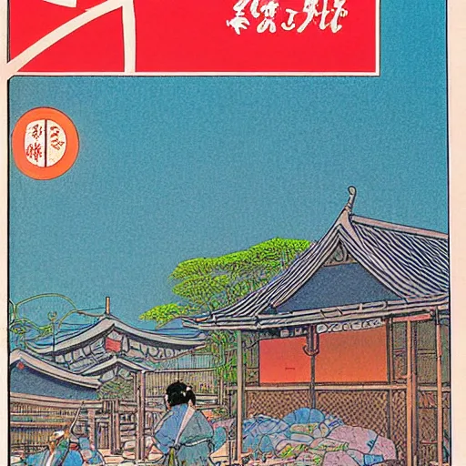 Image similar to 1979 magazine cover depicting a traditional Japanese village. Art in the style of Moebius, cyberpunk, masterpiece