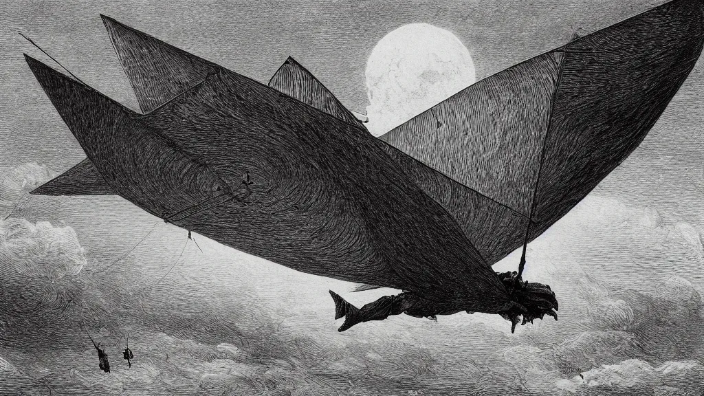 Image similar to drawing of an ornithopter flying toward a desert storm, by gustave dore, nineteenth century, black and white, vintage, science fiction, epic composition, dramatic lighting, highly detailed, cinematic