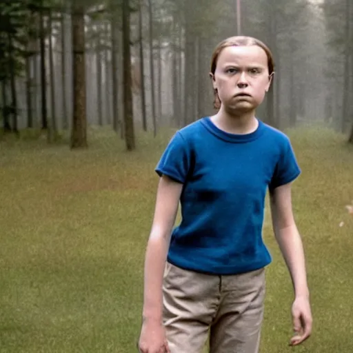 Image similar to Greta Thunberg as eleven in Stranger Things