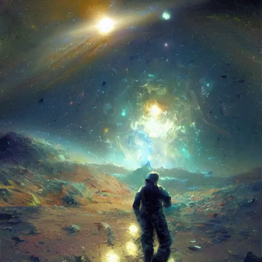 Prompt: a man lost in space, lonely, beautiful, cosmic, craig mullins, colourful