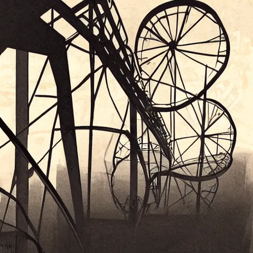 Image similar to abandoned rollercoaster with clear geometry, creepy ambiance, lush vegetation, desaturated, fog, surreal by syd mead