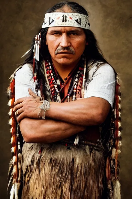Image similar to Photo of Native American indian man Alexander Lukashenko, portrait, skilled warrior of the Apache, ancient, realistic, detailed, Emma Watson