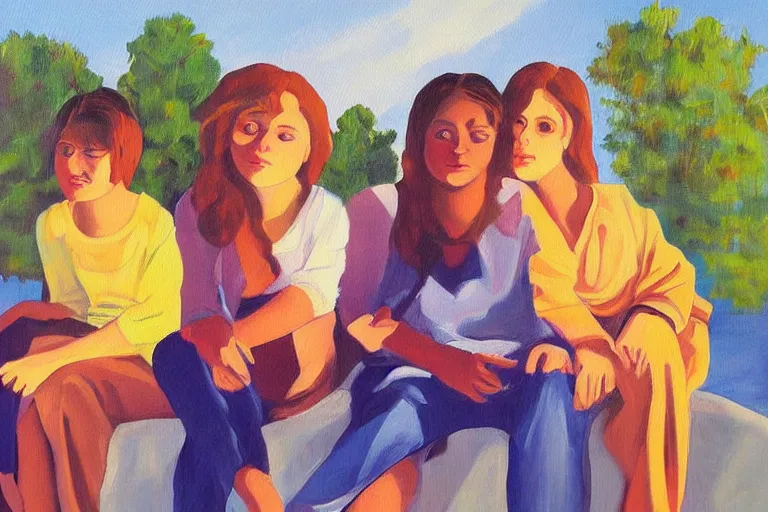 Prompt: beautiful painting of friends, beautiful faces, sitting on the edge, cute, soft light, by casson a. j.