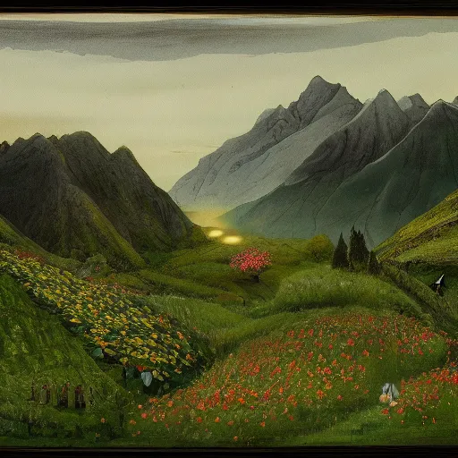 Image similar to Rarely Seen Paintings by Tolkien Portray a Lush ‘Lord of the Rings’ Landscape