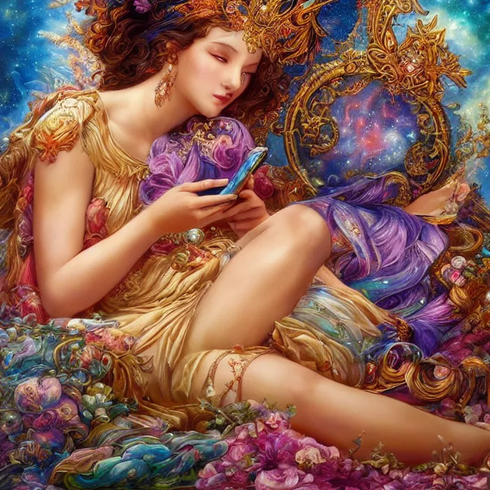 Image similar to a celestial goddess on her day off catching up on social media in bed, magic realism, art by josephine wall, art by huang guangjian, art by viktoria gavrilenko, art by amanda sage, trending on artstation