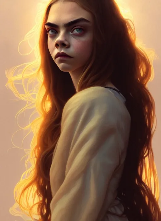 Prompt: half cara delevingne half Anya Taylor-Joy a pure gorgeous seductive angel, full body portrait, slight smile, diffuse natural sun lights, autumn lights, highly detailed, digital painting, artstation, concept art, sharp focus, illustration, art by wlop and greg rutkowski and alphonse mucha and artgerm