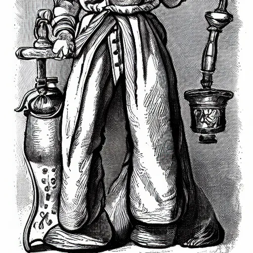 Image similar to a 17th-century alchemist who has 2 bubbling potion bottles in the style of Warhammer fantasy :: black and white, head and torso drawing, very high quality, concept art