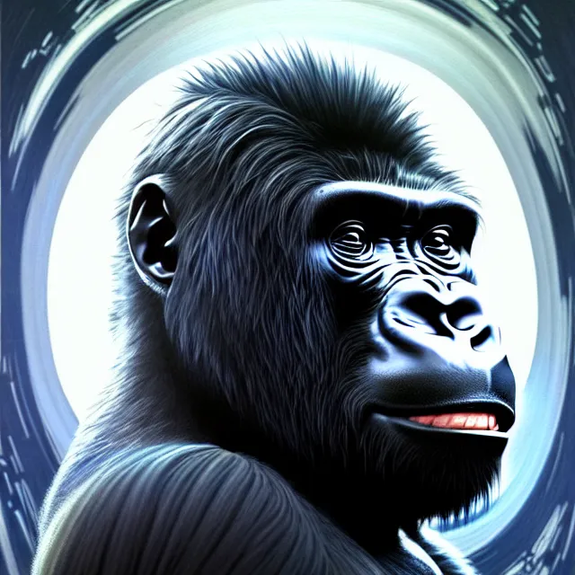 Image similar to a highly detailed science-fiction character portrait of a serious gorilla wearing a white armored space suit, intricate, wild, digital painting, artstation, concept art, smooth, sharp focus, illustration, art by artgerm and greg rutkowski and alphonse mucha