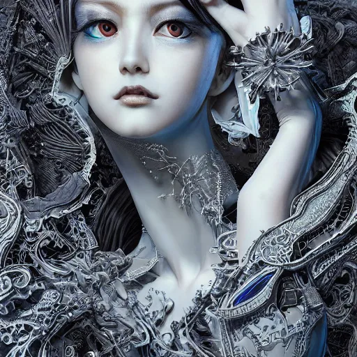 Prompt: the portrait of an absurdly beautiful, graceful, elegant, sophisticated, fashionable cyberpunk gravure idol, an ultrafine hyperdetailed illustration by kim jung gi, irakli nadar, vania zouravliov, intricate linework, bright colors, porcelain skin, blue eyes, unreal engine 5 highly rendered, global illumination, radiant light, detailed and intricate environment