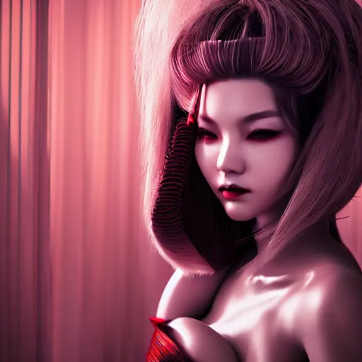 Image similar to !dream cyberpunk geisha, full body, cinematic lighting, beautiful face, ultra detail, ultra realistic, photo realistic, octane render,