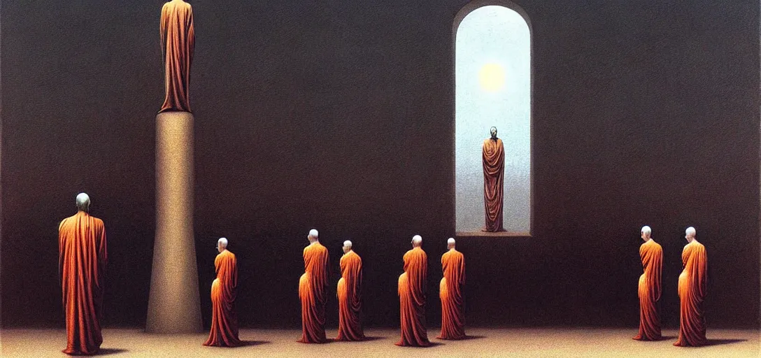 Prompt: dystopian surreal painting alien monks praying to a single eerie head statue surrounded by uneven buildings, artstyle by zdzisław beksinski and caravaggio