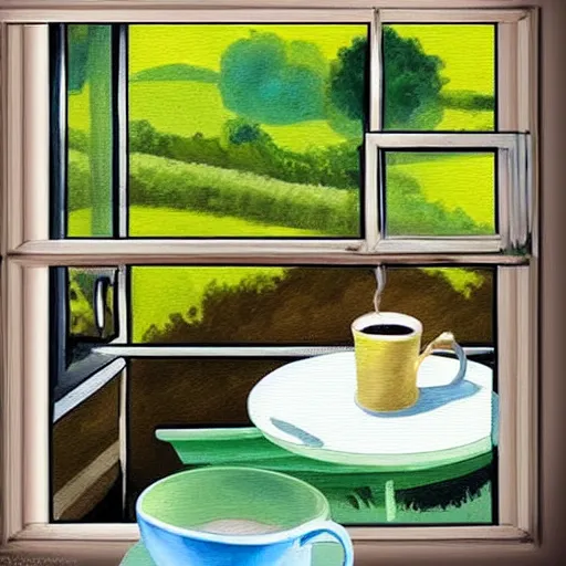 Image similar to “ nostalgic painting of a breakfast table with a steaming cup of coffee and a newspaper. the window behind it shows a green idyllic hill with a road on it, and families walking to school. realistic style. ”