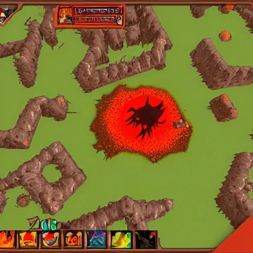 Image similar to TzKal-Zuk at the Inferno, old school runescape, lava river, magma, large shield of magma, obsidian pillars