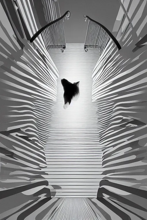 Image similar to looking down a flight of stairs at a cat, first person perspective, digital illustration, artstation, artstation hq, hd