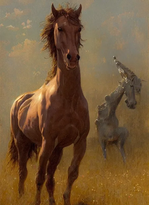 Image similar to portrait of one meadow metal horse by gaston bussiere, anna nikonova aka newmilky, greg rutkowski, yoji shinkawa, yoshitaka amano, tsutomu niehi, moebius, donato giancola, geoffroy thoorens, concept art, trending on artstation, featured on pixiv, cinematic composition, 8 k