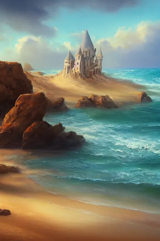 Prompt: beautiful ocean with sand castle on the shore, clear sharp oil paint highly detailed ethereal, by trending on artstation