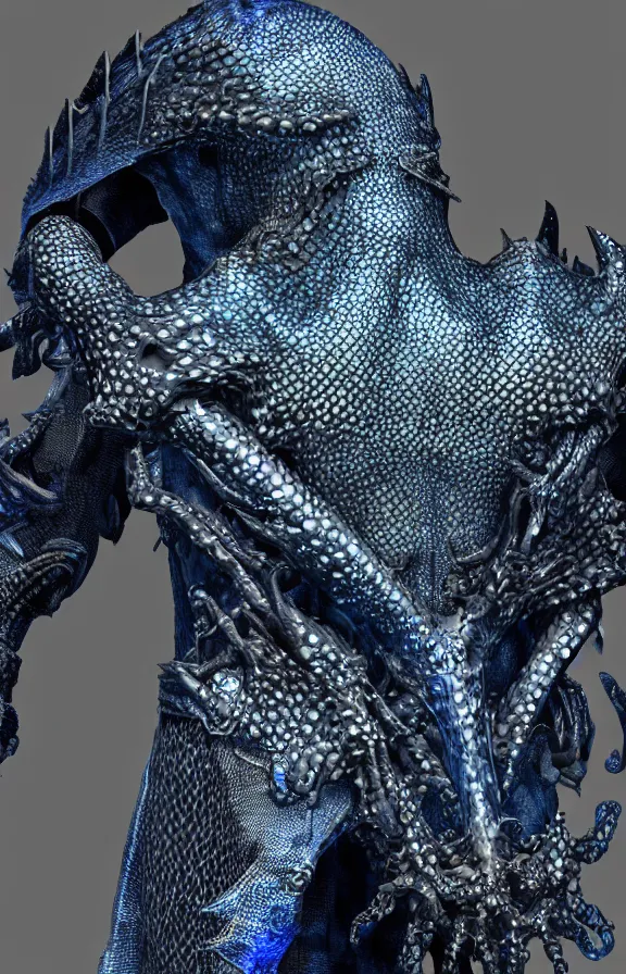 Image similar to detailed hypperrealistic artstation render, full body front view of a scaly black cloaked man, wearing a metallic blue squid mask. he holds in his clawed hands horizontally a large knights steel greatsword, in addition tentacles emerge from his back like wings