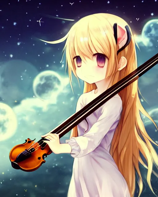 Image similar to chibi, cute, melancholy, full body, cat girl with white skin and golden long wavy hair holding a violin and playing a song, stunning art style, filters applied, lunar time, night sky, trending art, sharp focus, centered, landscape shot, fate zero, simple background, studio ghibly makoto shinkai yuji yamaguchi, by wlop