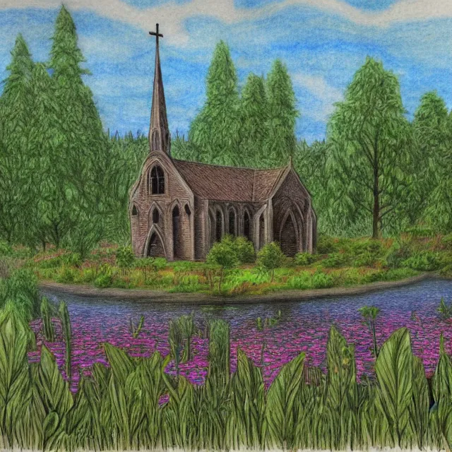 Image similar to abandoned gothic church in a forest flower meadow with a pond landscape, colored pencil drawing