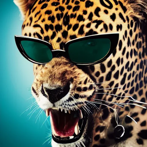 Prompt: a photorealistic canvas painting of a leopard wearing black sunglasses, a teal green hoodie and headphones around his neck. tongue visible. hyper detailed. this 4 k hd image is trending on artstation, featured on behance, well - rendered, extra crisp, features intricate detail, epic composition and the style of unreal engine.