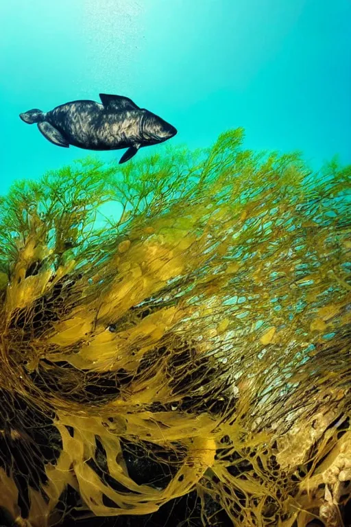 Prompt: beautiful photo of a cod swimming amongst kelp underwater in clear water with rays of sunshine