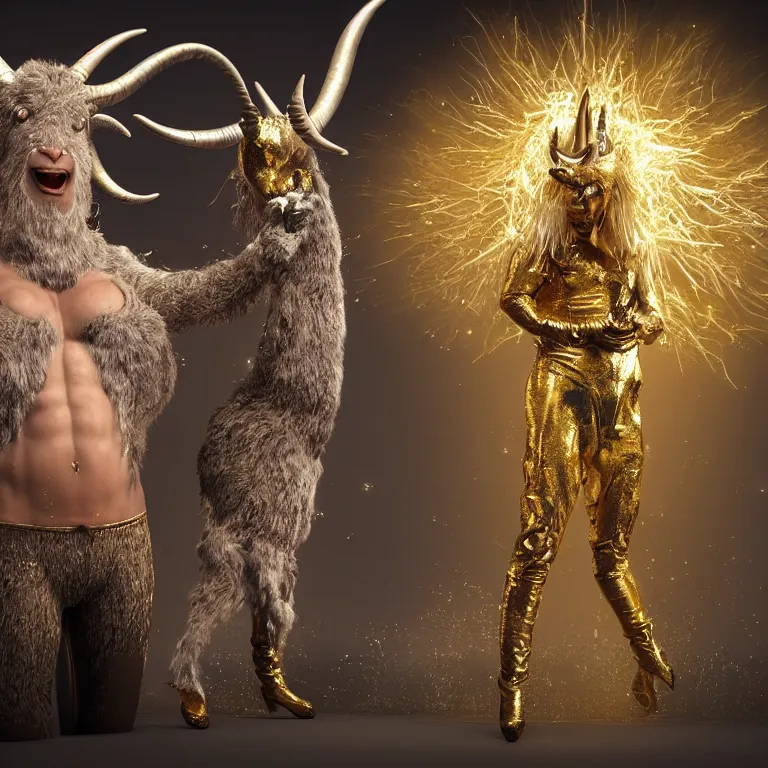 Prompt: octane render portrait by national geographic and wayne barlow and carlo crivelli and glenn fabry, a demon with the furry head of a goat with shining golden horns wearing a tight iridescent silver latex pants and shirt, inside an explosion of glitter, cinema 4 d, ray traced lighting, very short depth of field, bokeh