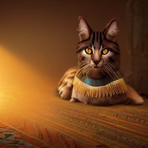 Image similar to egyptian cat, golden hour, fantasy, sharp focus, digital art, hyper realistic, 4 k, unreal engine, highly detailed, hd, dramatic lighting by brom, trending on artstation