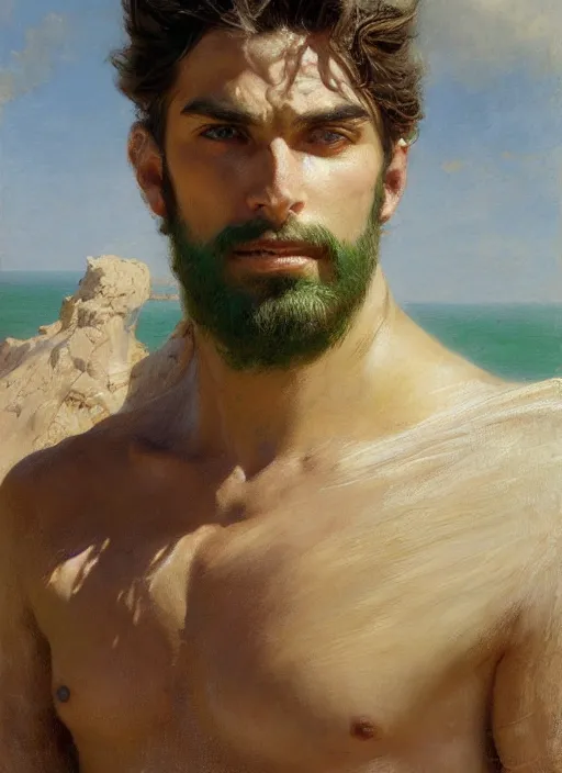 Prompt: detailed cinematic wide shot of muscular attractive young portuguese man beard slim face symmetrical face tanskin green eyes white hair wearing sea clothes, ultra realistic, spring light, painting by gaston bussiere, craig mullins, j. c. leyendecker