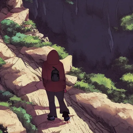 Image similar to person with hoodie walking up a mountain with a backpack that has katanas on the sides by carrie south and aokamei and sasucchi 9 5, anime, amazing composition, astonishing detail, smooth lines, beautiful scenery