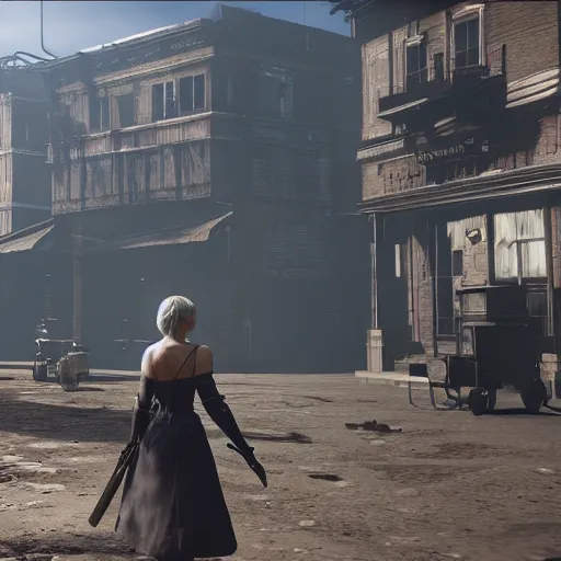 Image similar to Film still of 2B nier automata in a town from Red Dead Redemption 2 (2018 video game), concept art