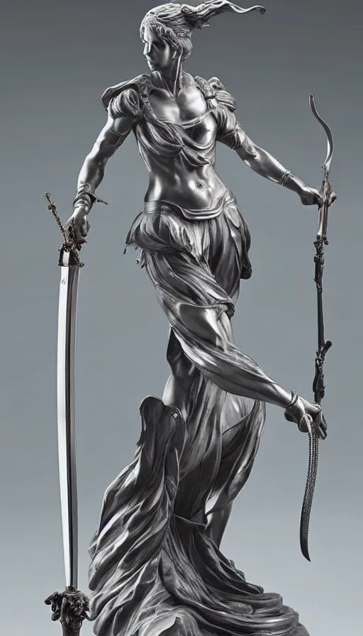 Prompt: a statue of a woman holding a sword, a marble sculpture by ayami kojima, cgsociety, les automatistes, made of plastic, made of liquid metal, marble sculpture