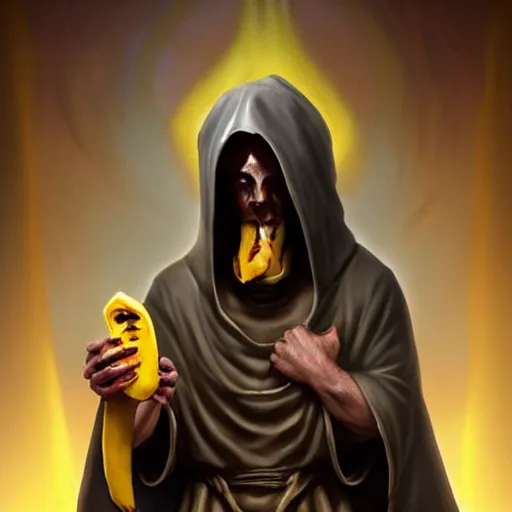 Image similar to a hooded cultist is stabbing a banana placed on an altar, in front of a stone statue of a forgotten god, by patrick mcenvoy and michael komarck and fantasy flight, incredible quality, trending on artstation