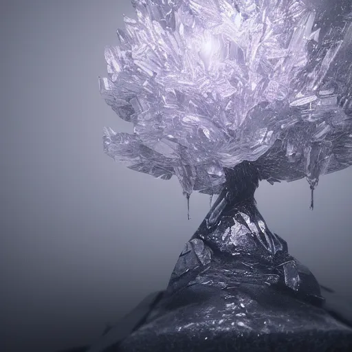 Image similar to crystal tree splash, closeup, extremely gloomy lighting, shining light, atmospheric, cinematic, unreal Engine, trending artstation hyperdetailed 8K