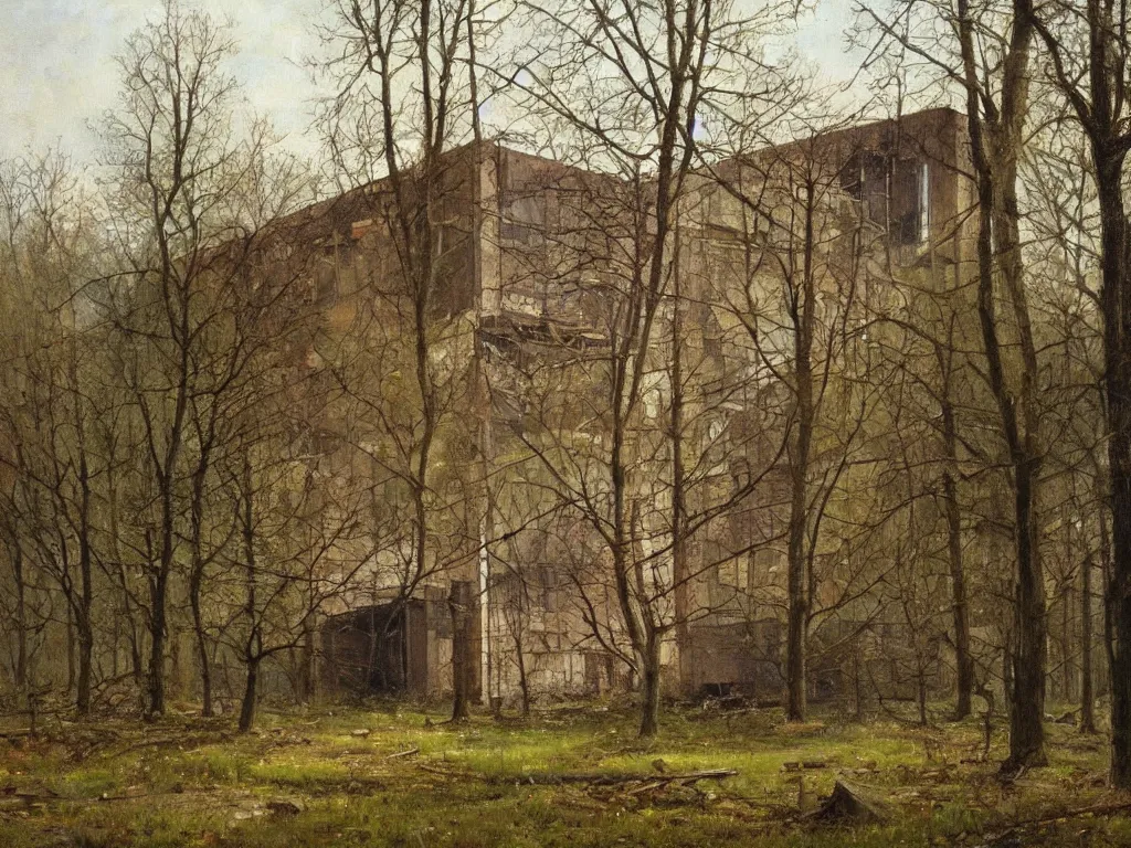 Image similar to A beautiful painting of a dilapidated post-modern building in the wood, by Paul Gustav Fischer, Trending on artstation, very detailed