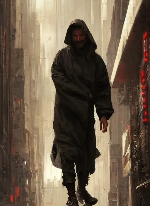 Image similar to futuristic cyberpunk beggar priest wearing an old raincoat ( blade runner 2 0 4 9, cyberpunk 2 0 7 7 character design ). orientalist portrait by john william waterhouse and james gurney and theodore ralli and nasreddine dinet, oil on canvas. cinematic, hyper realism, realistic proportions, dramatic lighting, high detail 4 k