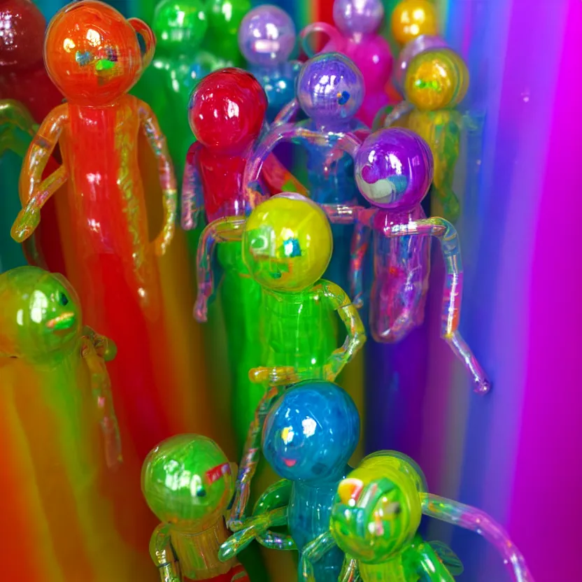 Image similar to photo of rainbow cellophane tape creatures inside a bathroom, hdr, high - quality, highly detailed, 1 6 k