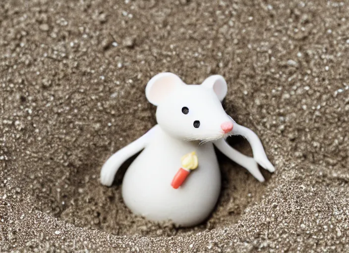 Image similar to dslr photo still of a little white mouse inside an intricate sand castle on wet sand in a bright sunny day, 8 k, 8 5 mm f 1. 4