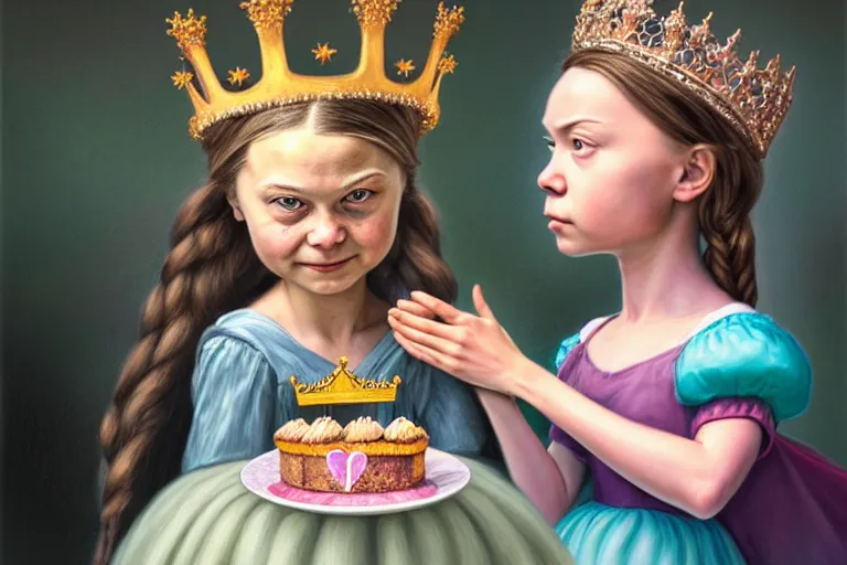 Image similar to closeup profile portrait of greta thunberg as a fairytale princess wearing a crown eating cakes in the castle kitchen, nicoletta ceccoli, mark ryden, lostfish, max fleischer, hyper realistic, artstation, illustration, digital paint, matte paint, vivid colors, bright, cheerful, detailed and intricate environment