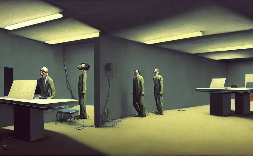 Image similar to Inside CIA bunker room with computers, highly detailed, very coherent, painted by Francis Bacon and Edward Hopper, Wayne Barlowe, painted by James Gilleard, surrealism, airbrush, art by JamesJean